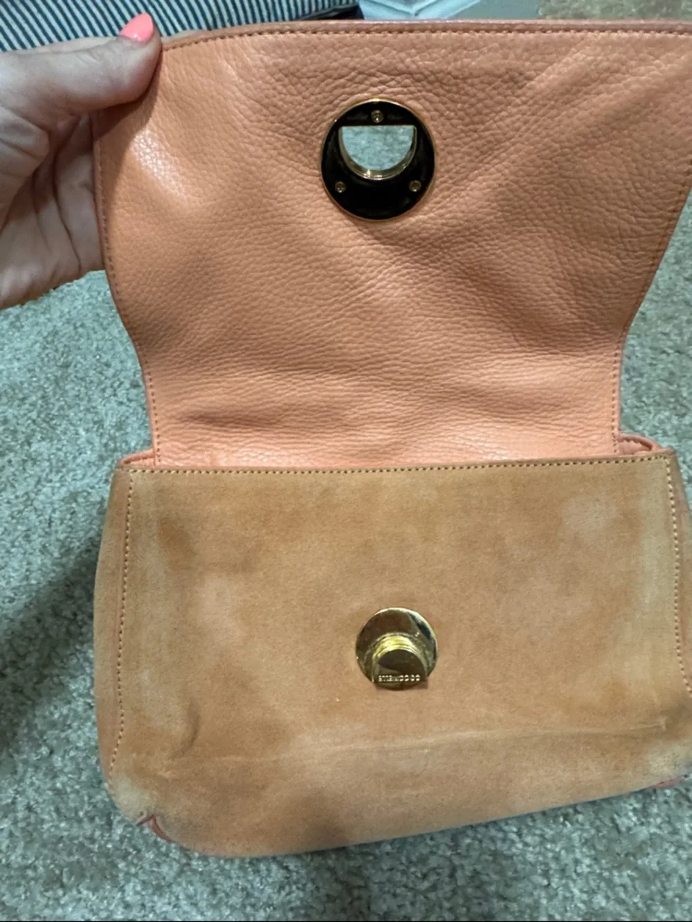Coccinelle Suede Pink Shoulder Bag with Gold Turn-Lock - Picture 2 of 6